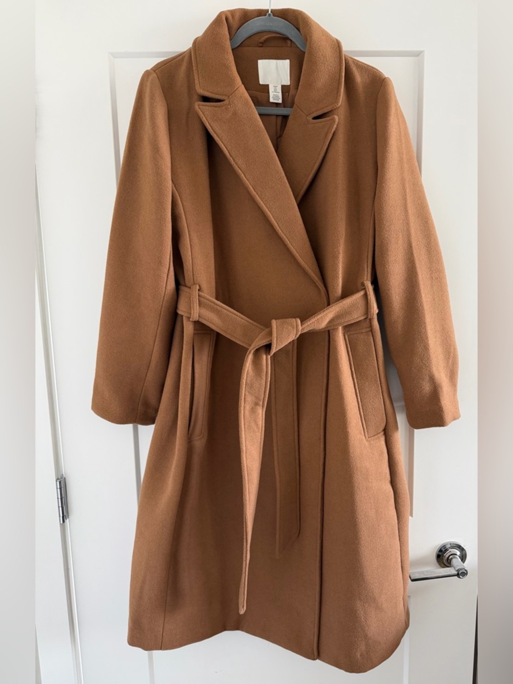 H&M Camel Brown Belted Wool-Blend Pea Coat